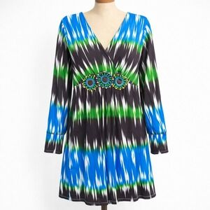 Y2K Beaded Babydoll Mini Dress Abstract Blue Green L Ikat Empire Waist Retro